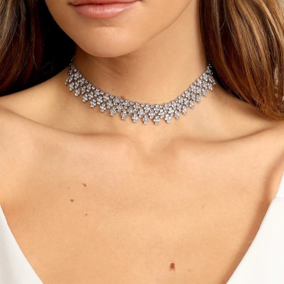 Luxe Silver Rhinestone Statement Choker Necklace - Picture 2 of 3